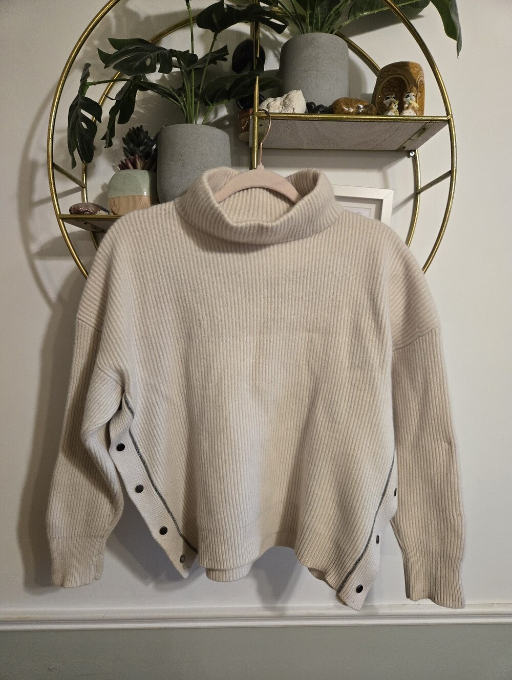 Brunello Cucinelli Cashmere Side Snap Turtleneck Sweater Beige Ribbed M